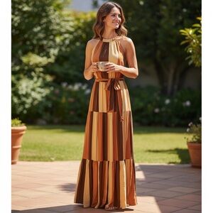 VERSONA Boho Colorblock Sleeveless Halter Maxi Dress S